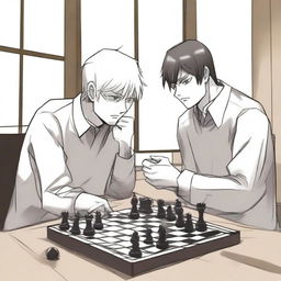 A manhwa-style scene featuring two people playing chess