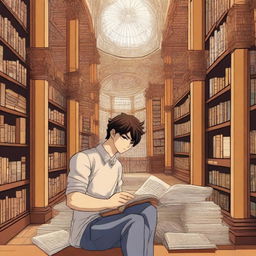 A detailed anime-style illustration of the character Baki, depicted as a young anime boy, inside the Akhundov Library in Baku, Azerbaijan