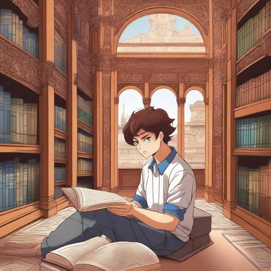 A detailed anime-style illustration of the character Baki, depicted as a young anime boy, inside the Akhundov Library in Baku, Azerbaijan