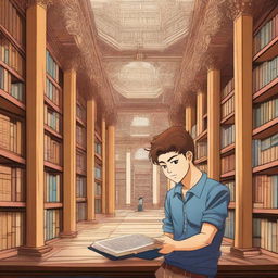 A detailed anime-style illustration of the character Baki, depicted as a young anime boy, inside the Akhundov Library in Baku, Azerbaijan