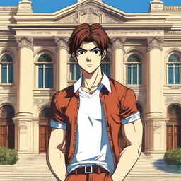 A detailed anime-style illustration of the character Baki, depicted as a young anime boy, standing in front of the Akhundov Library in Baku, Azerbaijan