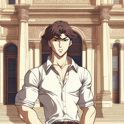 A detailed anime-style illustration of the character Baki, depicted as a young anime boy, standing in front of the Akhundov Library in Baku, Azerbaijan