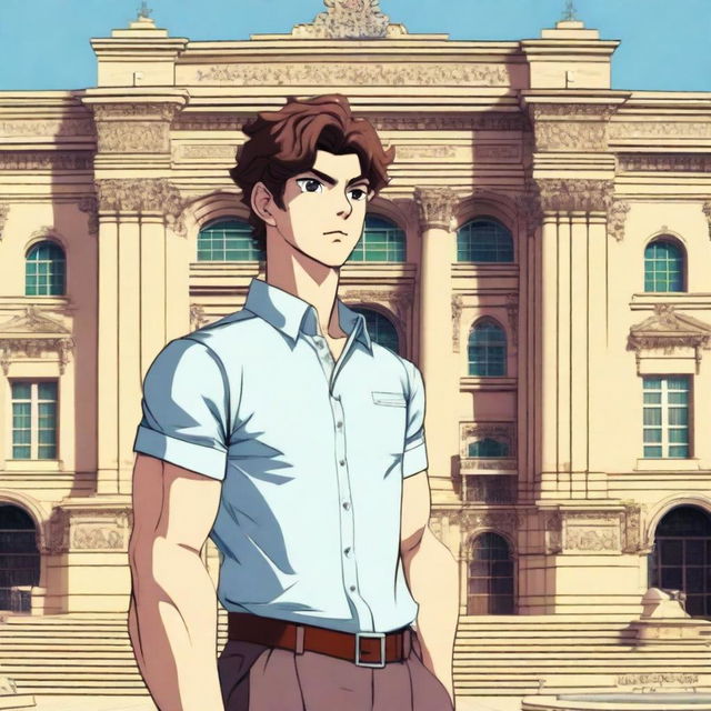 A detailed anime-style illustration of the character Baki, depicted as a young anime boy, standing in front of the Akhundov Library in Baku, Azerbaijan