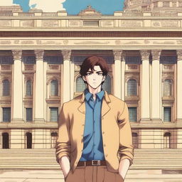 A detailed anime-style illustration of the character Baki, depicted as a young anime boy, standing in front of the Akhundov Library in Baku, Azerbaijan