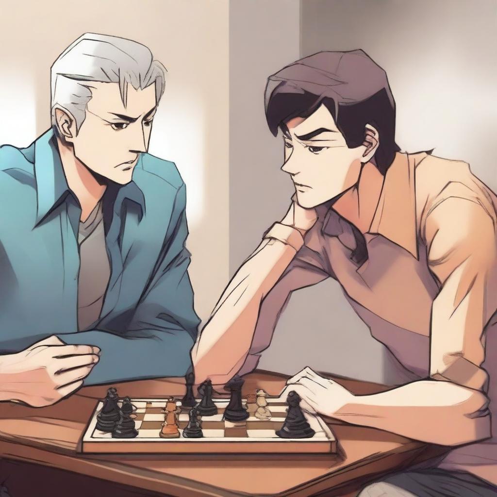 A manhwa-style scene featuring two people playing chess