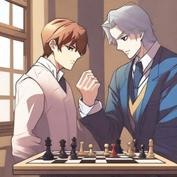 A manhwa-style scene featuring two people playing chess