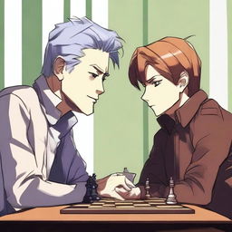 A manhwa-style scene featuring two people playing chess