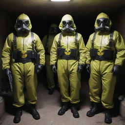 The Nuclearpunk Mafia, menacing gangsters in radiation-proof uniforms, controlling nuclear waste smuggling operations, stationed in fortified bunkers and armed with weapons harnessing the power of radioactive isotopes