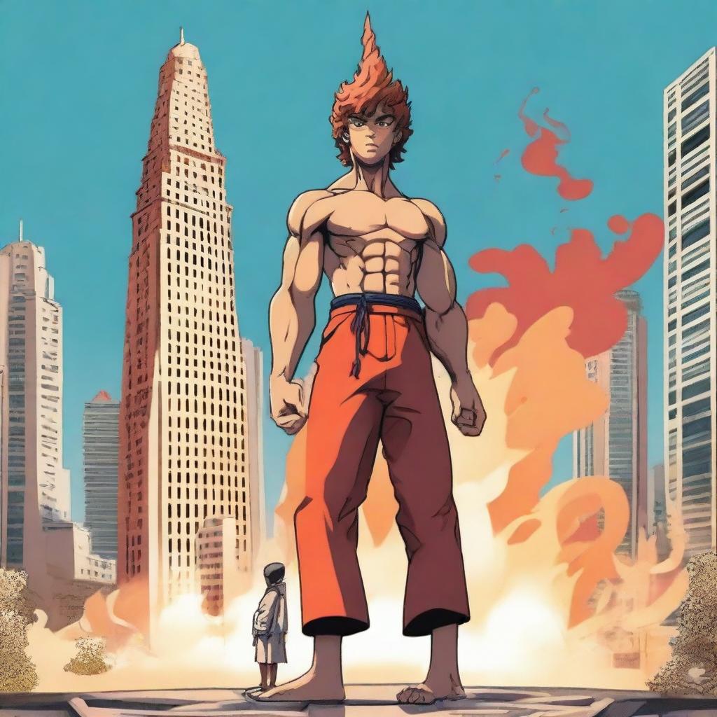 A detailed anime-style illustration of the character Baki, depicted as a young anime boy, standing in front of the Alov Qüllələri (Flame Towers) in Baku, Azerbaijan