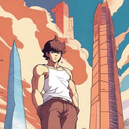 A detailed anime-style illustration of the character Baki, depicted as a young anime boy, standing in front of the Alov Qüllələri (Flame Towers) in Baku, Azerbaijan