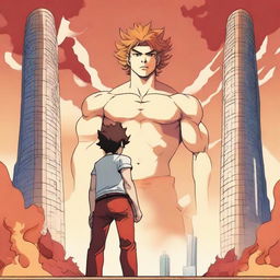 A detailed anime-style illustration of the character Baki, depicted as a young anime boy, standing in front of the Alov Qüllələri (Flame Towers) in Baku, Azerbaijan