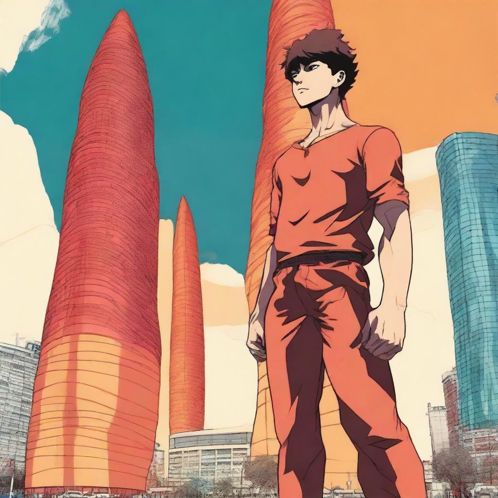 A detailed anime-style illustration of the character Baki, depicted as a young anime boy, standing in front of the Alov Qüllələri (Flame Towers) in Baku, Azerbaijan