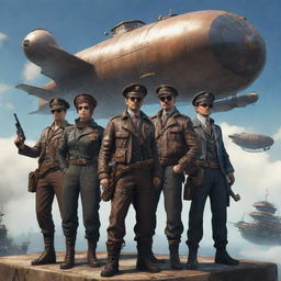 The Airpunk Mafia, featuring sky pirates in aviator attires, orchestrating clandestine operations from airships, specializing in aerial smuggling and heists, and proficient in the usage of high-altitude weaponry