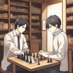 A detailed manhwa-style scene featuring two people playing chess