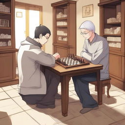 A detailed manhwa-style scene featuring two people playing chess