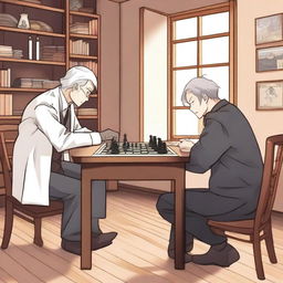 A detailed manhwa-style scene featuring two people playing chess