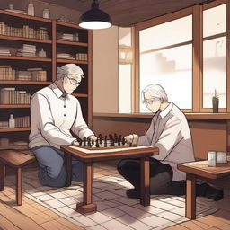 A detailed manhwa-style scene featuring two people playing chess