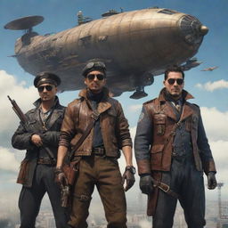 The Airpunk Mafia, featuring sky pirates in aviator attires, orchestrating clandestine operations from airships, specializing in aerial smuggling and heists, and proficient in the usage of high-altitude weaponry