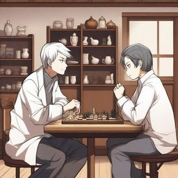 A detailed manhwa-style scene featuring two people playing chess