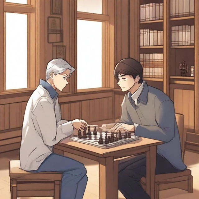 A detailed manhwa-style scene featuring two people playing chess