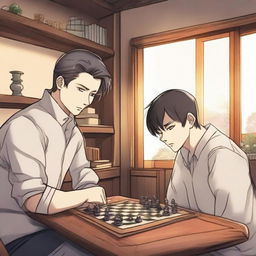 A detailed manhwa-style scene featuring two people playing chess