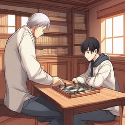 A detailed manhwa-style scene featuring two people playing chess