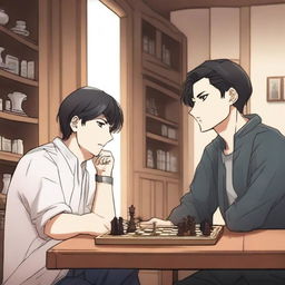 A manhwa-style scene featuring two people playing chess