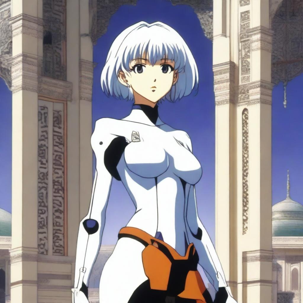 Rei Ayanami, a character from Neon Genesis Evangelion, standing gracefully in front of a beautifully detailed masjeed