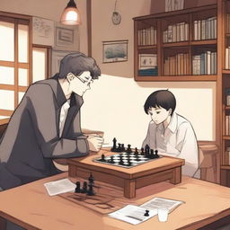 A manhwa-style scene featuring two people playing chess