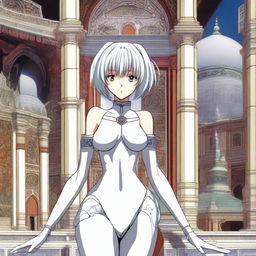 Rei Ayanami, a character from Neon Genesis Evangelion, standing gracefully in front of a beautifully detailed masjeed