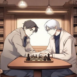 A manhwa-style scene featuring two people playing chess