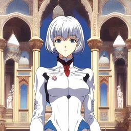 Rei Ayanami, a character from Neon Genesis Evangelion, standing gracefully in front of a beautifully detailed masjeed