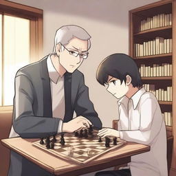 A manhwa-style scene featuring two people playing chess