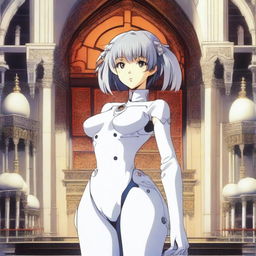 Rei Ayanami, a character from Neon Genesis Evangelion, standing gracefully in front of a beautifully detailed masjeed