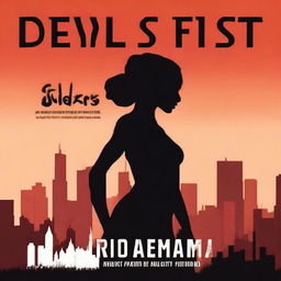 Create a book cover for 'The Devil's Fiest' featuring a silhouette of a strong woman standing confidently in front of a city skyline at dusk