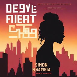 Create a book cover for 'The Devil's Fiest' featuring a silhouette of a strong woman standing confidently in front of a city skyline at dusk