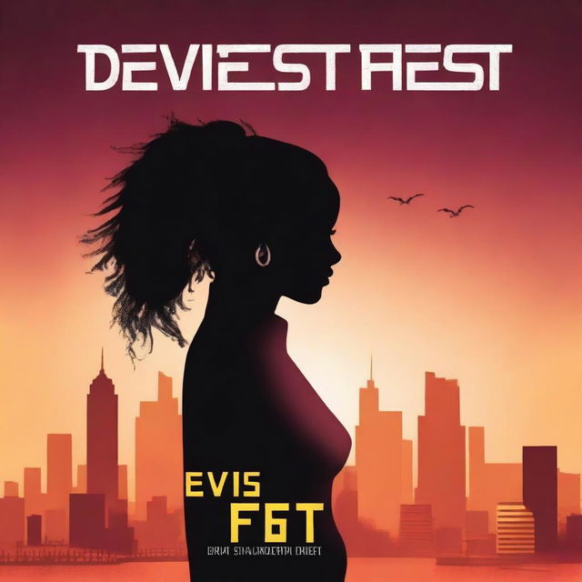 Create a book cover for 'The Devil's Fiest' featuring a silhouette of a strong woman standing confidently in front of a city skyline at dusk