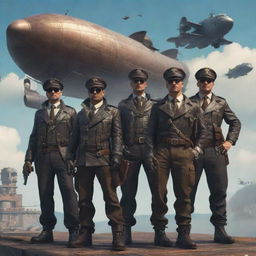 The Airpunk Mafia, featuring sky pirates in aviator attires, orchestrating clandestine operations from airships, specializing in aerial smuggling and heists, and proficient in the usage of high-altitude weaponry