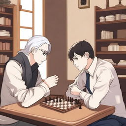 A manhwa-style scene featuring two people playing chess