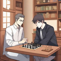 A manhwa-style scene featuring two people playing chess