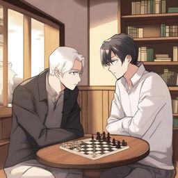 A manhwa-style scene featuring two people playing chess