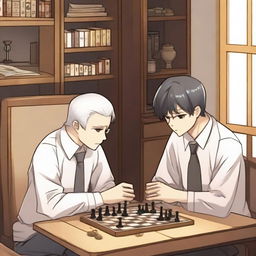 A manhwa-style scene featuring two people playing chess