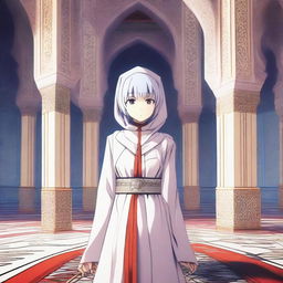 Rei Ayanami, a character from Neon Genesis Evangelion, wearing a beautifully styled hijab and standing inside a majestic mosque