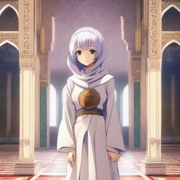 Rei Ayanami, a character from Neon Genesis Evangelion, wearing a beautifully styled hijab and standing inside a majestic mosque