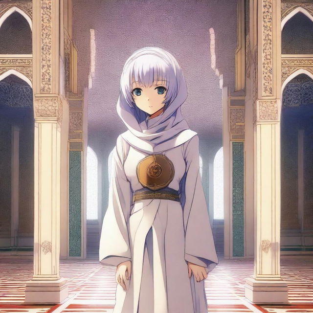 Rei Ayanami, a character from Neon Genesis Evangelion, wearing a beautifully styled hijab and standing inside a majestic mosque