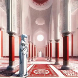 Rei Ayanami, a character from Neon Genesis Evangelion, wearing a beautifully styled hijab and standing inside a majestic mosque