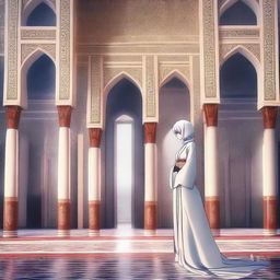 Rei Ayanami, a character from Neon Genesis Evangelion, wearing a beautifully styled hijab and standing inside a majestic mosque