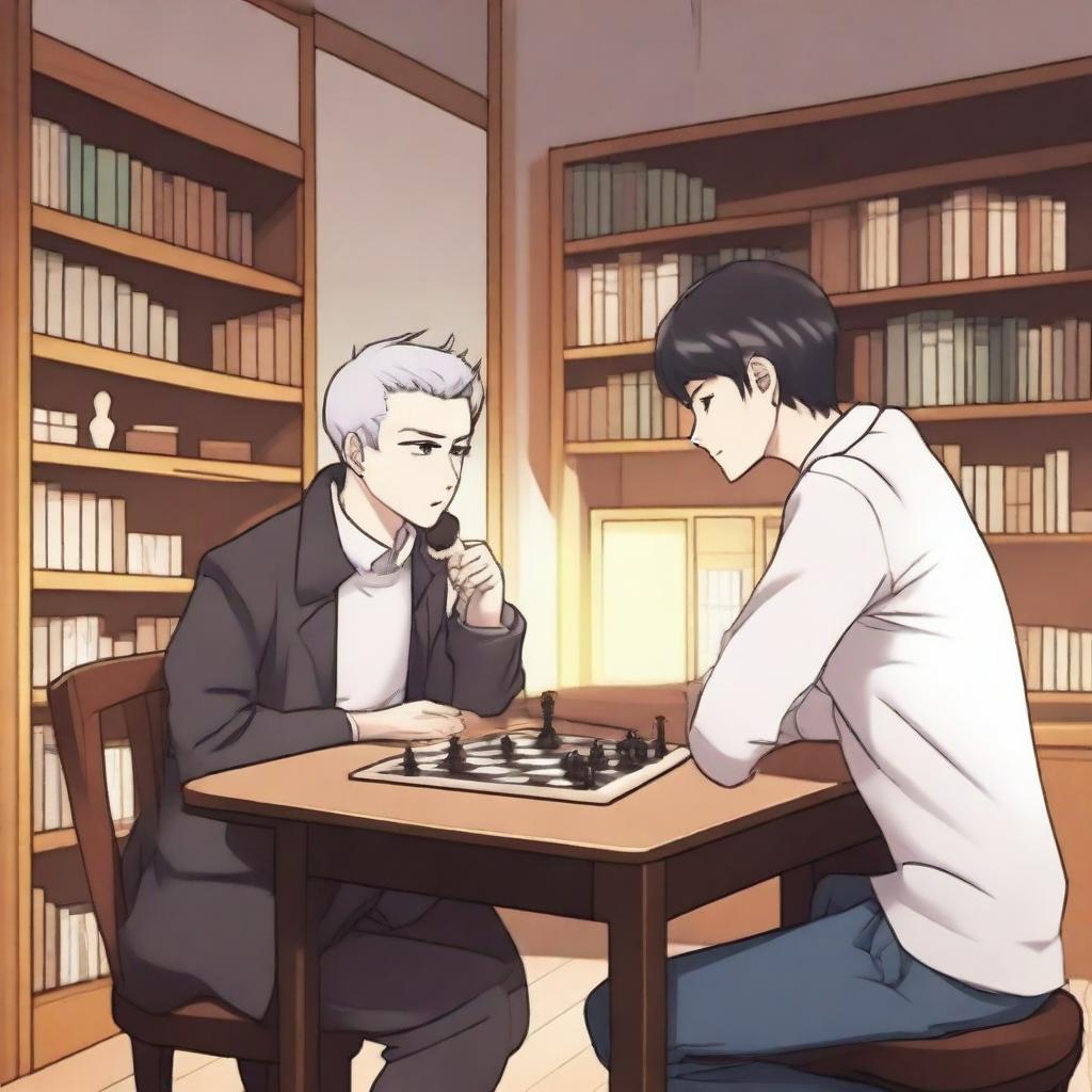 A manhwa-style scene featuring two people playing chess