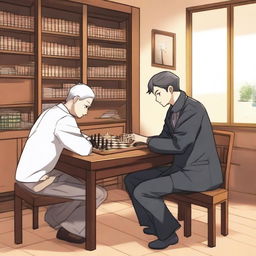 A manhwa-style scene featuring two people playing chess