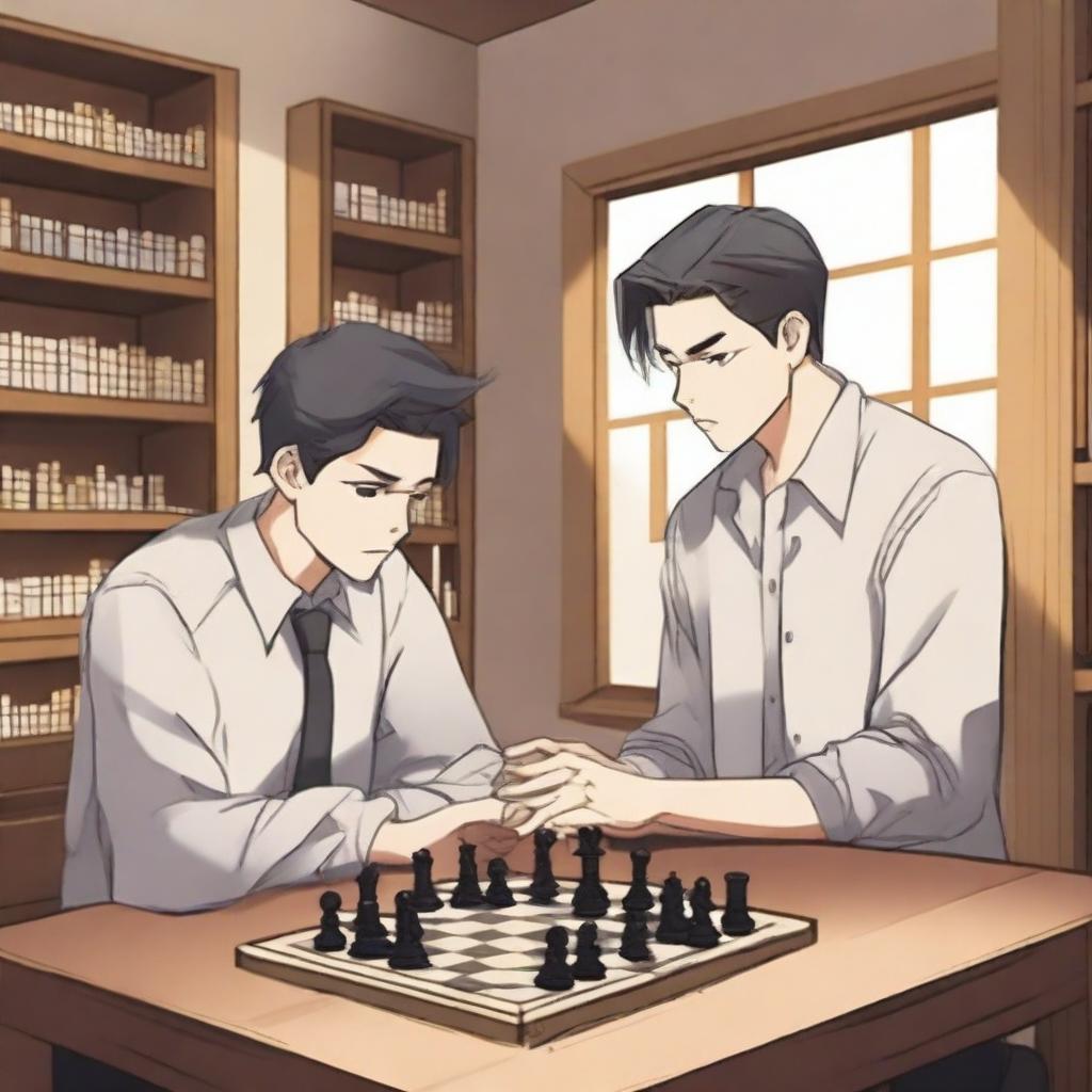 A manhwa-style scene featuring two people playing chess